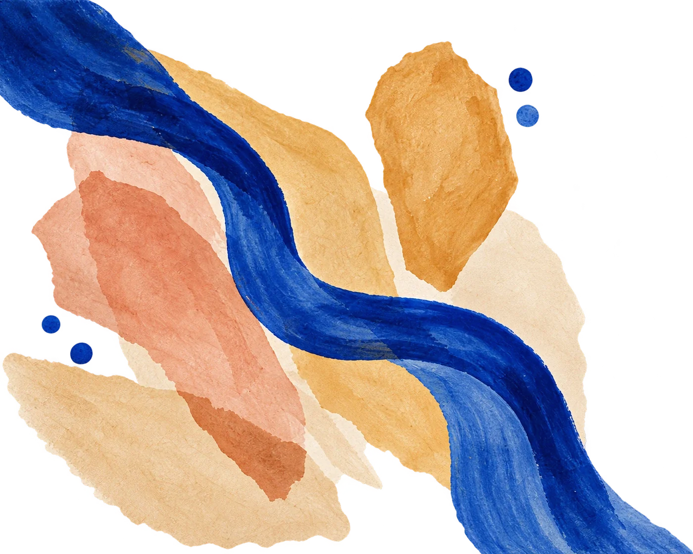 Pintura abstracta: un trazo azul fluye entre formas de papel ocre y melocotón, sugiriendo tensión y calma.